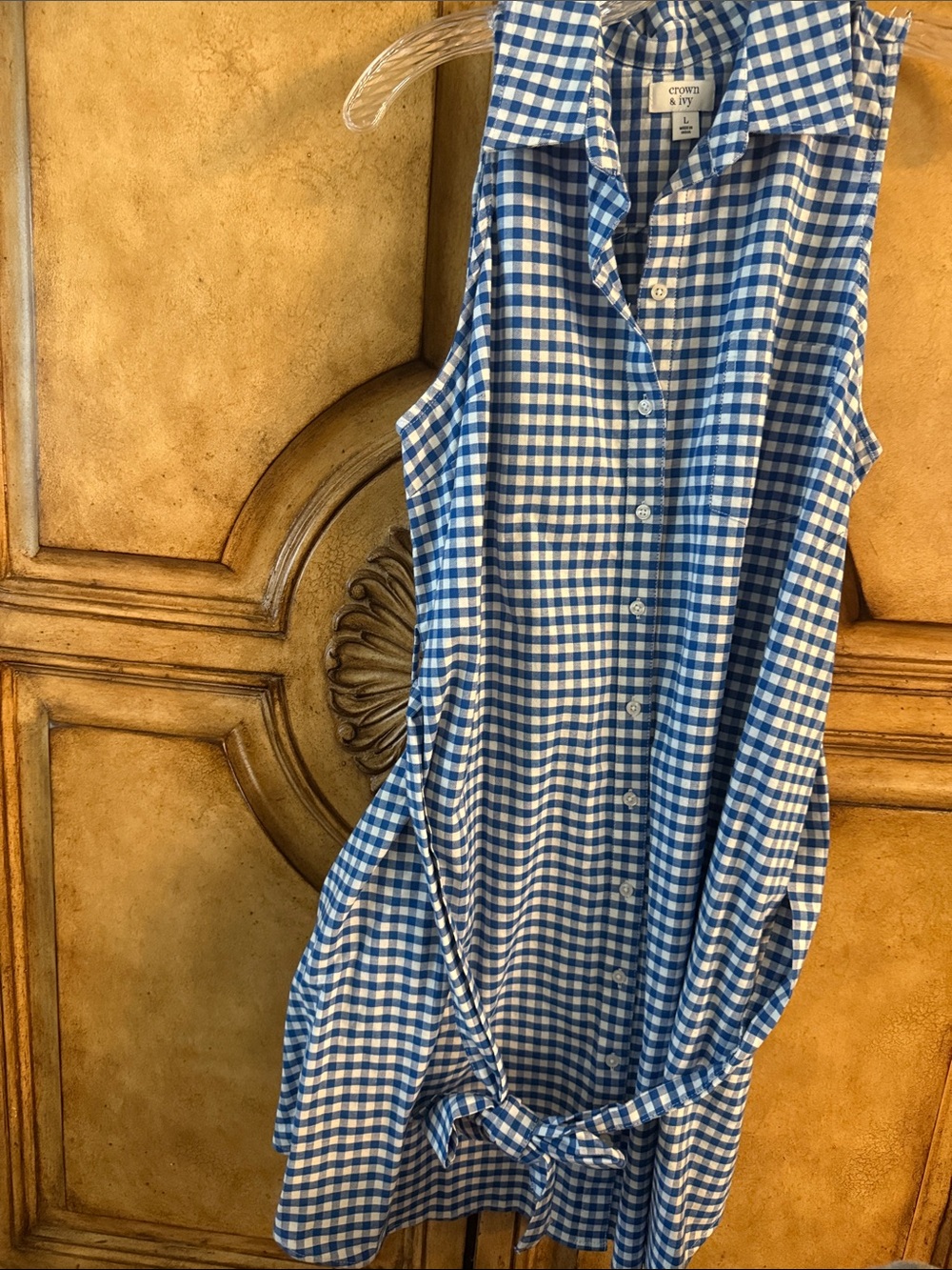 crown & ivy Blue and White Gingham Tie-Front Sleeveless Dress